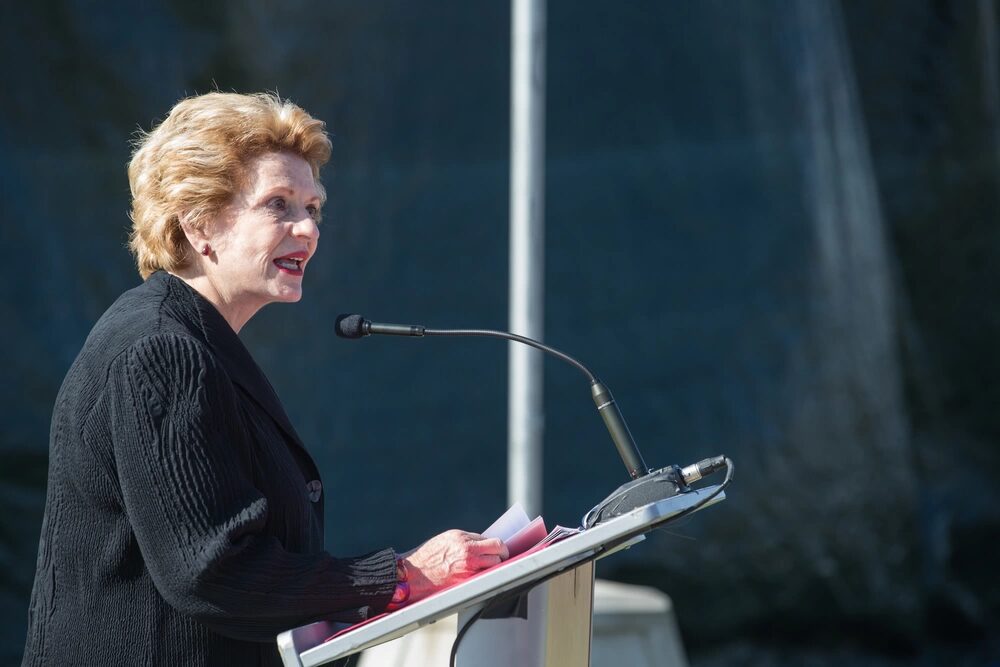U.S. Sen. Debbie Stabenow speaks to a crowd of citizens attending the Montford Point Detachment 158 Mural Unveiling ceremony during Marine Week Detroit, Sept. 9, 2017. Marine Week Detroit is a chance to connect with our Marines, Sailors, veterans and their families from different generations. (U.S. Marine Corps photo by Lance Cpl. Danny Gonzalez)