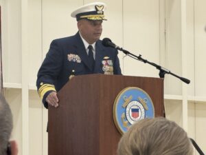 Vice Adm. Andrew Tiongson, commander of the Coast Guard in the Pacific Ocean, speaks during a change of command ceremony Friday, July 11, 2025, in Juneau. (Photo by James Brooks/Alaska Beacon)
