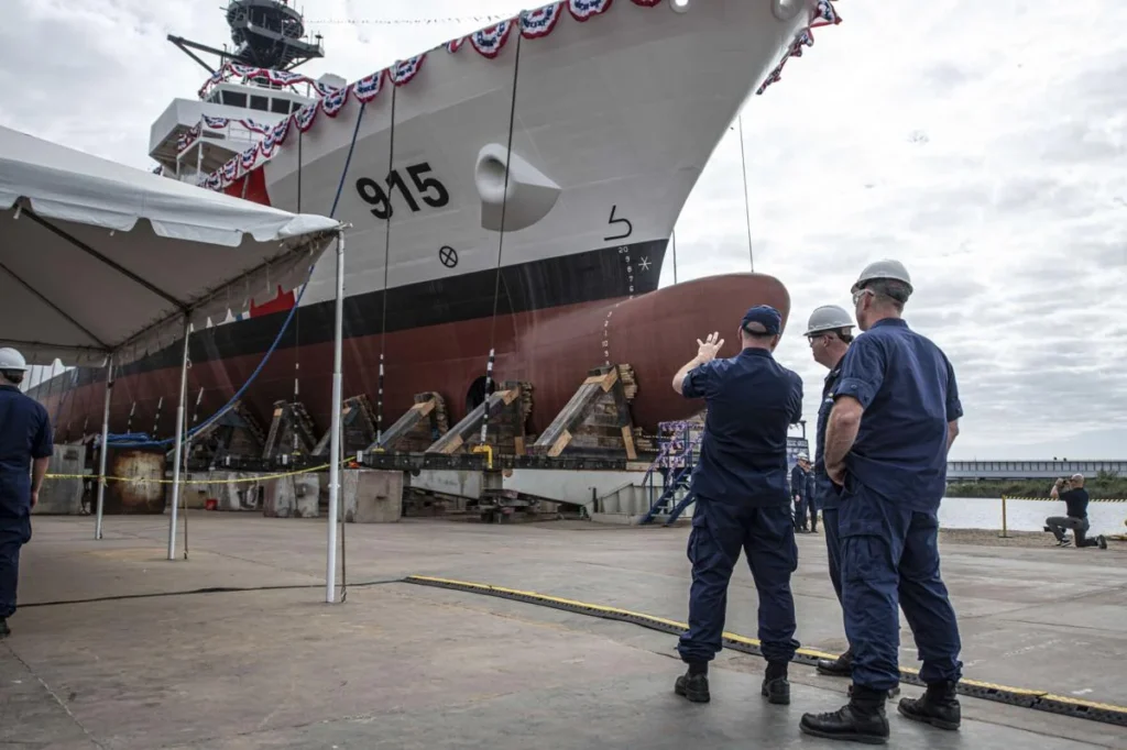 The U.S. Coast Guard Cutter Argus becomes the first Offshore Patrol Cutter to be launched at a christening ceremony Panama City, Florida, Oct. 27, 2023. Petty Officer 1st Class Ronald Hodges, U.S. Coast Guard photo | DVIDS