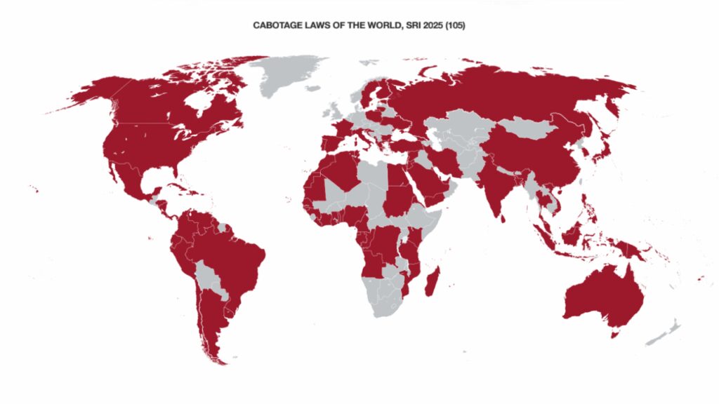 Map of 105 nations across the world that have cabotage laws, as recorded by the Seafarers’ Rights International (Credit: SRI)