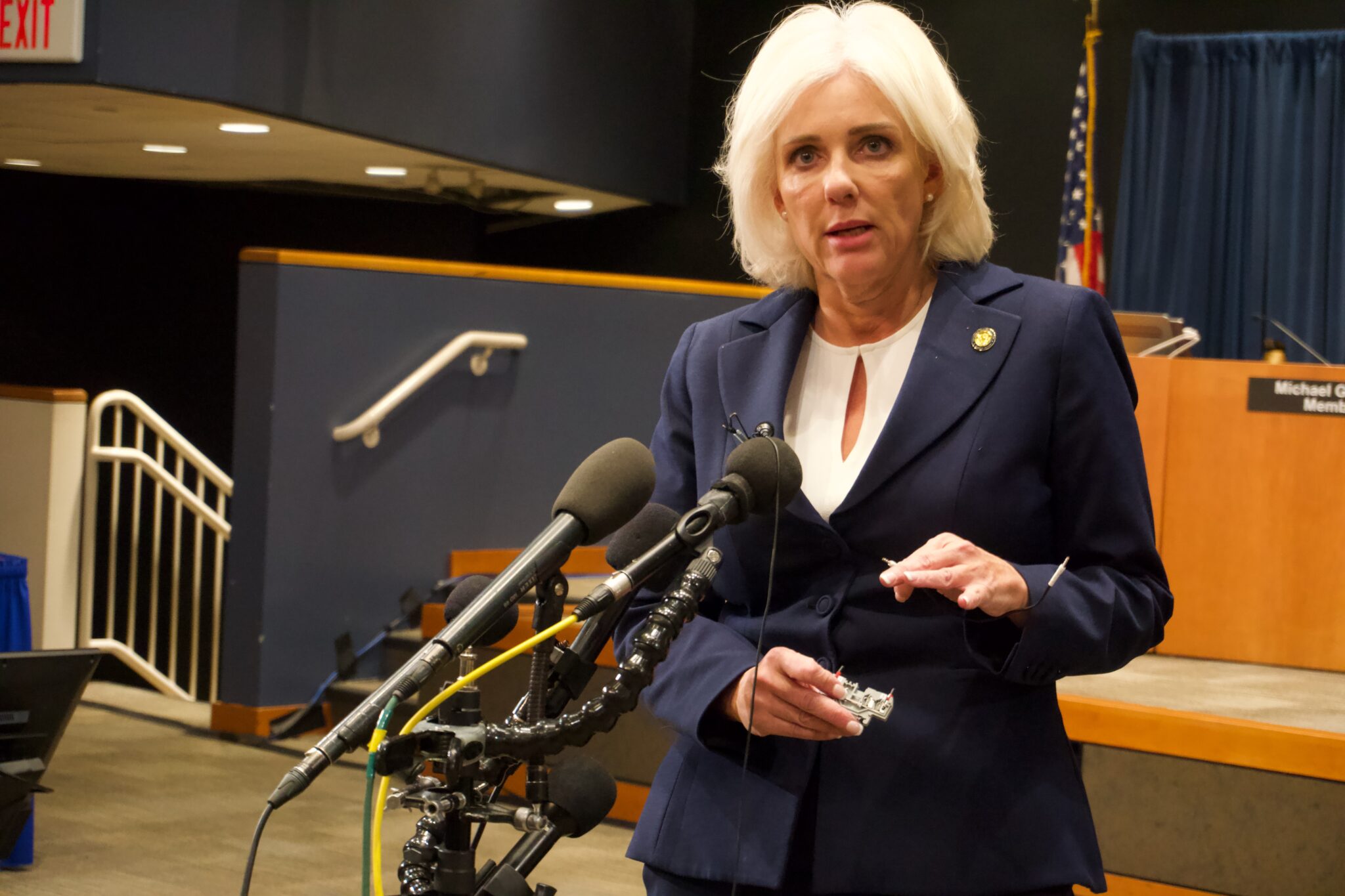  National Transportation Safety Board Chairwoman Jennifer Homendy displays an example of the faulty wire and terminal box that caused a power outage on the container ship Dali in March 2024, causing it to slam into the Francis Scott Key Bridge (Photo by Christine Condon/ Maryland Matters)