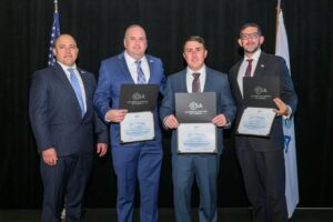 Pictured Left to Right: Garrett Huffman, Chairman, Board of Directors, Chamber of Shipping of America; Daniel Mock, Director, Security, Crowley; Nathan Beckett, Chief Officer, Golden State, Crowley; Jon Spirolopoulos, Captain, Vessel Acquisition Management, Crowley