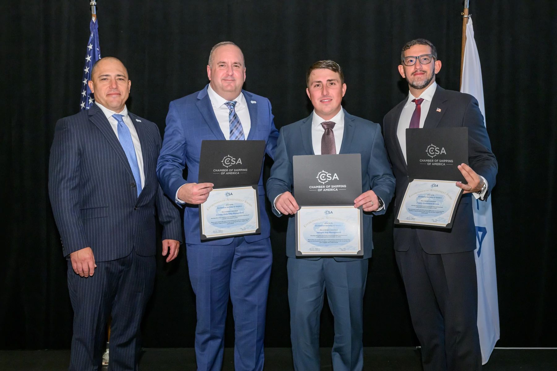 Pictured Left to Right: Garrett Huffman, Chairman, Board of Directors, Chamber of Shipping of America; Daniel Mock, Director, Security, Crowley; Nathan Beckett, Chief Officer, Golden State, Crowley; Jon Spirolopoulos, Captain, Vessel Acquisition Management, Crowley