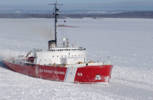 Sault Ste Marie, Mich. (Jan. 23, 2004) - The Coast Guard Cutter Mackinaw clears a shipping track through the ice of the St. Marys River Jan. 23, 2004. USCG photo by PAC Jeff Hall.