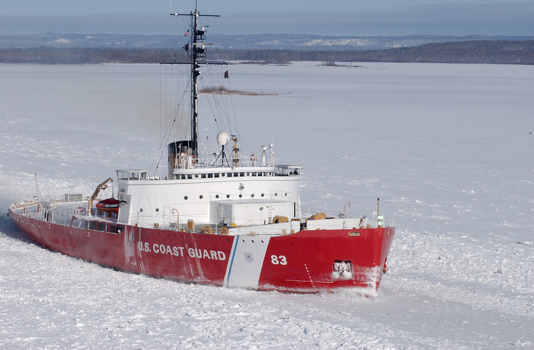 Sault Ste Marie, Mich. (Jan. 23, 2004) - The Coast Guard Cutter Mackinaw clears a shipping track through the ice of the St. Marys River Jan. 23, 2004. USCG photo by PAC Jeff Hall.