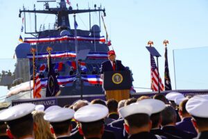 President Donald Trump at Tradepoint Atlantic in Sparrow’s Point. (Photo by Danielle J. Brown/Maryland Matters)