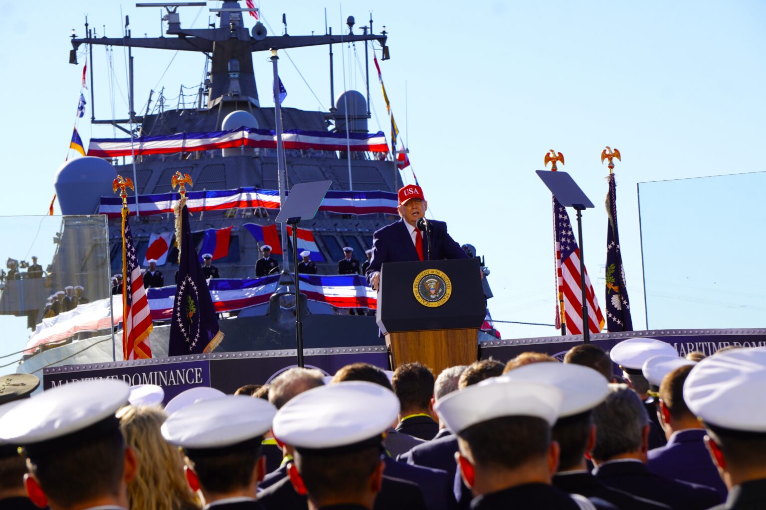 President Donald Trump at Tradepoint Atlantic in Sparrow’s Point. (Photo by Danielle J. Brown/Maryland Matters)