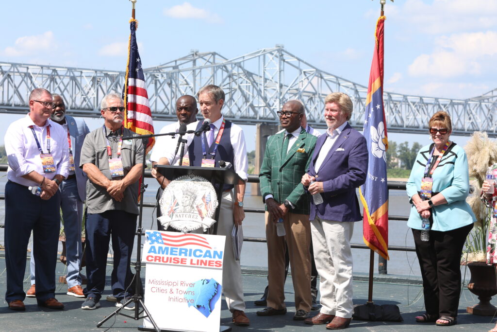 Missouri state Rep. Colin Wellenkamp, who also serves as MRCTI’s executive director, speaks at a press conference on the banks of the Mississippi River. Mayors representing more than 100 Mississippi River Basin communities met in Natchez, Miss., to announce a new framework and wishlist for data center proposals. (Courtesy: Katherine Bish Photography)